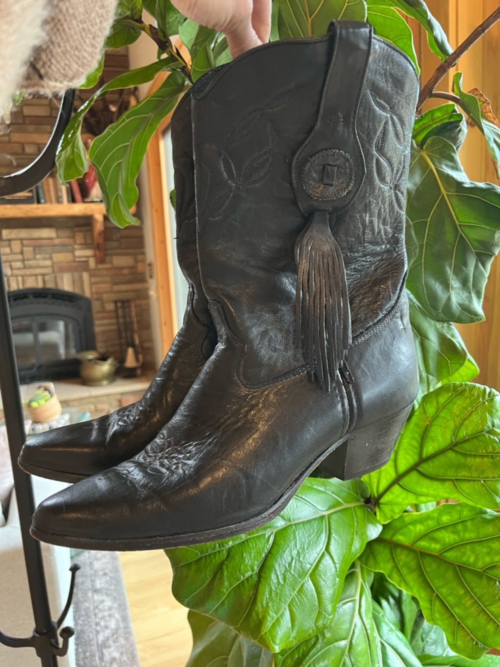 Vintage Laredo Black Leather Western Tassel Mid-Calf Boots